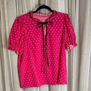 SHEIN Fuchsia Heart Print Blouse with Black Bow